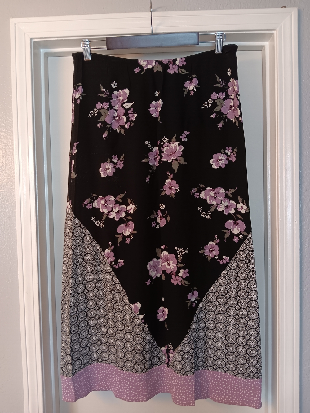 Christopher & Banks Black Midi Skirt with Lavender Floral and Patterned Panels